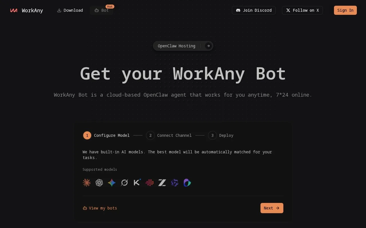WorkAny.bot:一个 7×24 在线运行的云端 AI Agent 助手